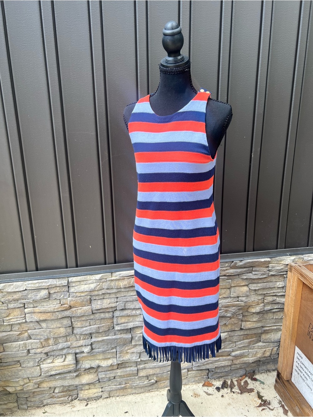 Tory Burch Navy, Red, and Light Blue Striped Sleeveless Fringe-Hem Dress